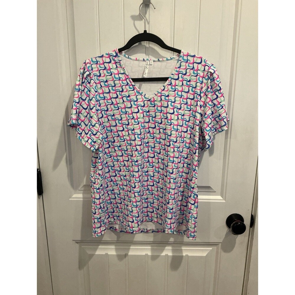 NWOT Lulu-B Womens L Top Multicolor Squiggle Print Flutter Sleeve V Neck